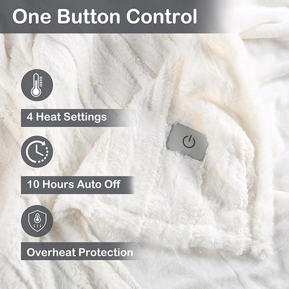 Electric Heated Blanket Throw Size 50"x60", Fast Heating Throw, Plush Faux Fur for Sofa & Office,4 Heating Levels & 10 Hours Auto Off, Machine Washable, Gifts for Family-Striped White