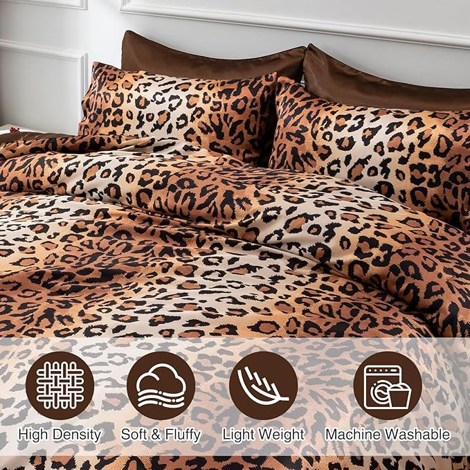 A Nice Night Leopard Printed,Silver Grey Satin Silky Soft Quilt Sexy Luxury Super Soft Microfiber Comforter Quilt Bedding 5PCS Comforter Set, Light Weighted (Coffee, Queen(88-by-88-inches))