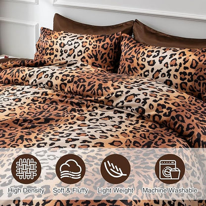 A Nice Night Leopard Printed，Satin Silky Soft Quilt Sexy Luxury Super Soft Microfiber Comforter Quilt Bedding Comforter Set Full/Queen, Light Weighted (Coffee, King(88-by-102-inches))