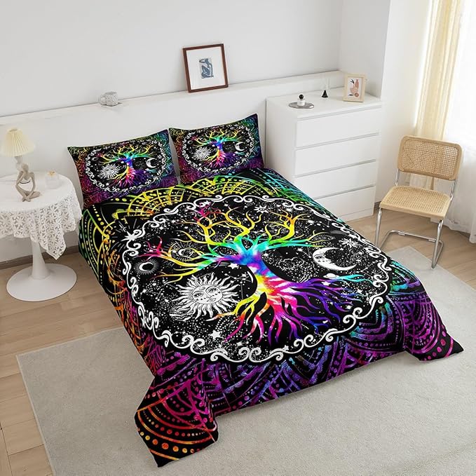 Erosebridal Sun and Moon Comforter Set Queen,Black and White Bedding Set for Kids Boys Girls,Psychedelic Tree of Life Down Comforter,Galaxy Stars Mandala Tribal Quilted Duvet 3pcs All Season Soft