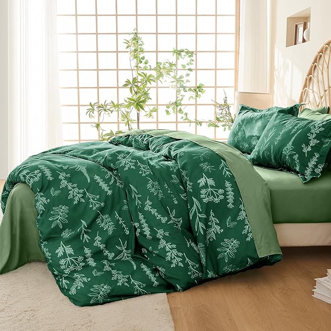 MUXHOMO Emerald Green Bed in a Bag King 7 Pieces, King Comforter Set Reversible Botanical Flowers Design, Ultra Soft & Breathable Bedding Sets with Comforter, Sheets, Pillowcases & Shams