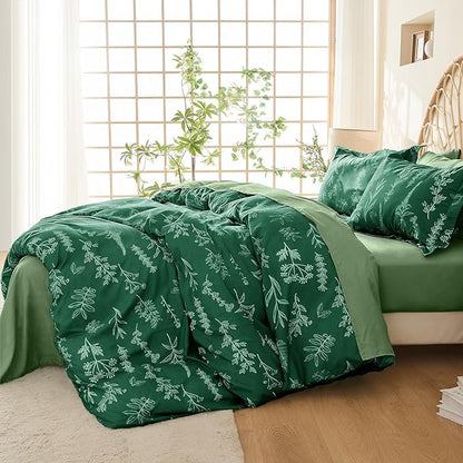 MUXHOMO Emerald Green Bed in a Bag King 7 Pieces, King Comforter Set Reversible Botanical Flowers Design, Ultra Soft & Breathable Bedding Sets with Comforter, Sheets, Pillowcases & Shams