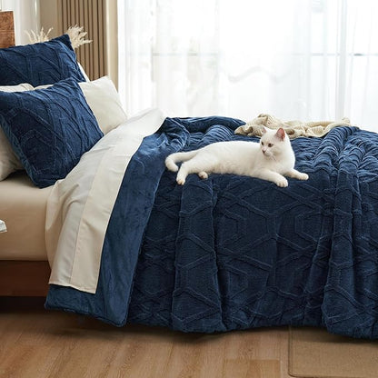 PHF Warm Sherpa Fleece Twin Comforter Set, 3D Tufted Fluffy Navy Blue Bedding for Winter, Soft 2 Pieces Shaggy Bed Set, 1 Comforter (68"x90") and 1 Pillowcase (20"x26")
