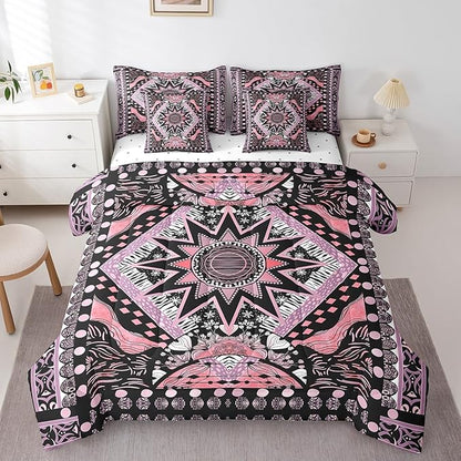 Feelyou Sun Moon Bed in a Bag with Comforter, King Size 7Pcs Boho Exotic Bedding Set with Comforter, Pink Bohemian Galaxy Comforter Women Men Teens Ultra Soft Decor Astrology Space Room Decor