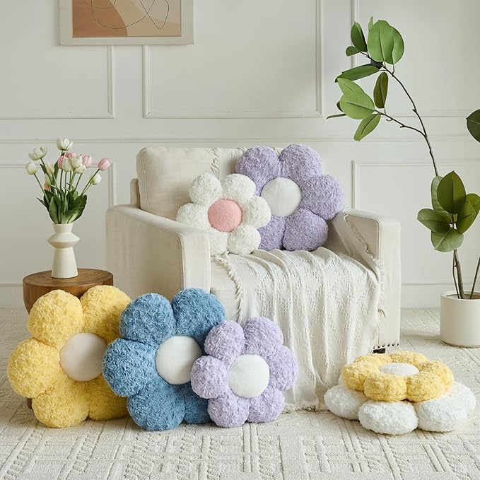 Flower Pillows, Decorative Throw Pillow with Soft Plush for Couch, Flower Shaped Pillow Home Decor Daisy Pillow for Bed (White, 19.6 Inches)