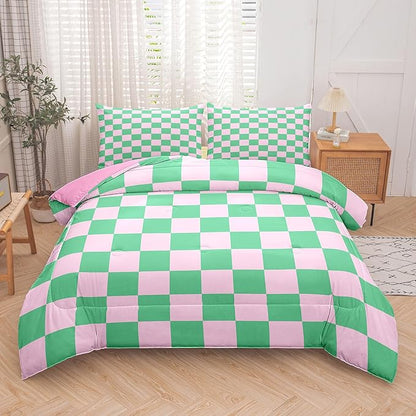 Tailor Shop Green Pink Plaid Comforter Sets Full Women Men Green Checkerboard Grid Bedding Boys Girls Modern Grass Checkered Geometric Quilts Aesthetic Room Decor with 2 Pillowcases……