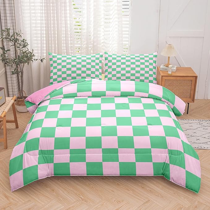 Tailor Shop Green Pink Plaid Comforter Sets King Women Men Green Checkerboard Grid Bedding Boys Girls Modern Grass Checkered Geometric Quilts Aesthetic Room Decor with 2 Pillowcases…