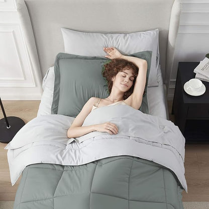 Nestl 5 Piece Twin Comforter Set – Sage Green Reversible Bed in a Bag – Complete Twin Size Bedding Set with Sheets, Pillowcase and Sham