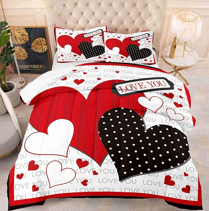 Black and Red Hearts King Size Comforter Set with 2 Pillowcases, Modern Valentine's Day Printed Pillow Shams Soft 3 Pcs Bedding for Kids Adults Bedroom Dormroom Bed Decor All Season