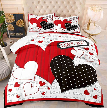 Black and Red Hearts King Size Comforter Set with 2 Pillowcases, Modern Valentine's Day Printed Pillow Shams Soft 3 Pcs Bedding for Kids Adults Bedroom Dormroom Bed Decor All Season