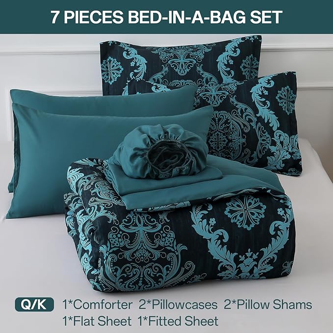 WONGS BEDDING 7 Piece Queen Comforter Set, Teal Texture Breathable Microfiber Comforter Bedding Set for All Season, Damask Bed in a Bag with Comforter, Flat Sheet, Fitted Sheet, Pillowcases & Shams
