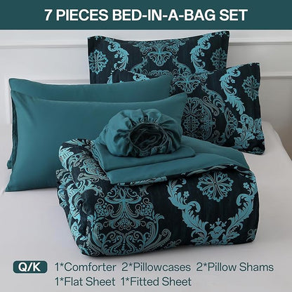 WONGS BEDDING 7 Piece Queen Comforter Set, Teal Texture Breathable Microfiber Comforter Bedding Set for All Season, Damask Bed in a Bag with Comforter, Flat Sheet, Fitted Sheet, Pillowcases & Shams