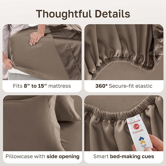 California Design Den Twin XL Sheet Set, 600 Thread Count Sateen, 100% Cotton Deep Pocket Sheets, Soft, Cooling Brown Sheet Set, Hotel-Quality Bedding (Mushroom - Taupe Brown)