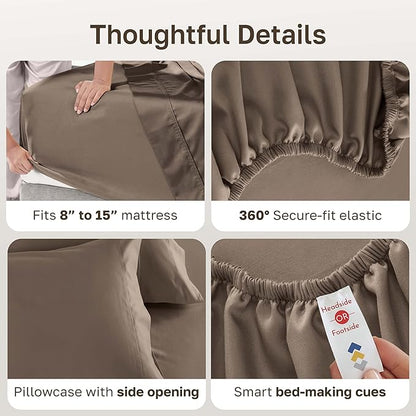 California Design Den Twin XL Sheet Set, 600 Thread Count Sateen, 100% Cotton Deep Pocket Sheets, Soft, Cooling Brown Sheet Set, Hotel-Quality Bedding (Mushroom - Taupe Brown)
