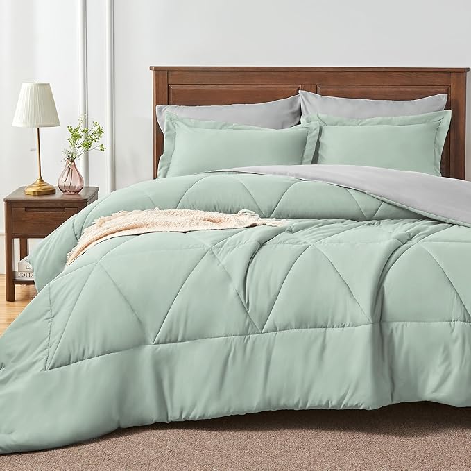 BEDELITE Queen Comforter Set 7 Pieces Bed in A Bag - Soft Microfiber Reversible Sage Green Bed Set with Comforters, Sheets, Pillowcases & Shams, Cozy Luxury Bedding Sets for All Season