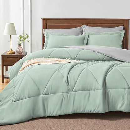 BEDELITE California King Size Comforter Set 7 Pieces Bed in A Bag - Soft Microfiber Reversible Cal King Sage Green Bed Set with Comforters,Sheets,Pillowcases & Shams,Cozy Bedding Sets for All Season