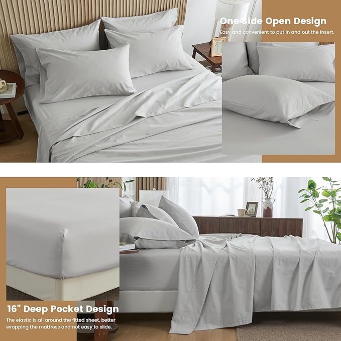 Simple&Opulence Belgian Linen Sheet Set Solid Color - 6 Pieces (1 Flat Sheet & 1 Fitted Sheet & 4 Pillowcases) 16" Deep Pocket Natural Flax Cotton Blended Soft Bedding - Khaki Grey, Queen Size