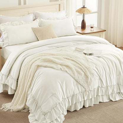 Andency Ivory Ruffle Comforter Set Oversized King, Shabby Chic Solid Bedding Set 3 Pieces, Lightweight Soft Bet Set 120x98 for Girls Women (1 Comforter 2 Pillowcases)