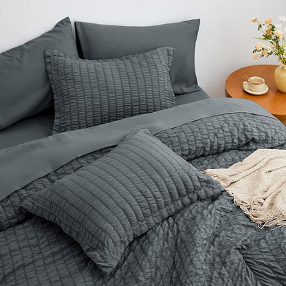 Love's cabin Seersucker Charcoal Grey Full Comforter Set, 7-Piece All Season Lightweight Bed in a Bag Bedding Set with Comforter, Flat Sheet, Fitted Sheet, Pillowcases and Shams | Soft, Breathable, Lightweight