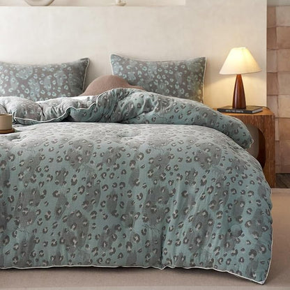 MKXI Double Layer Muslin Cotton Comforter Set Full Size Leopard Print Shabby Chic Bedding Comforter Set Soft Breathable Grey and Green Floral Animal Cheetah Lightweight Bed Comforter for All Season