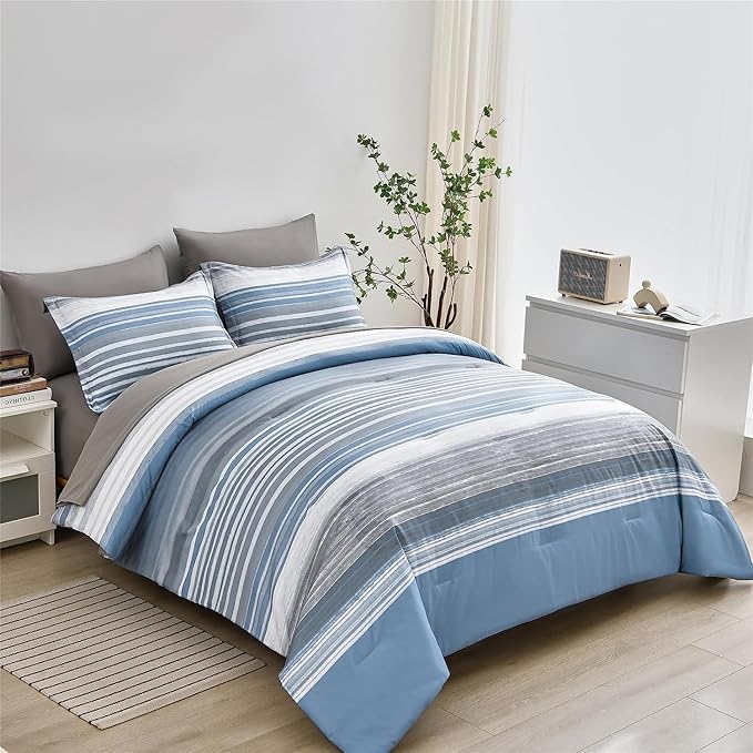 KAKIJUMN 5 Piece Bed in a Bag Stripe Comforter Set Twin Size, White Grey Blue Striped Comforter and Sheet Set, All Season Soft Microfiber Complete Bedding Set(Light Blue,Twin)
