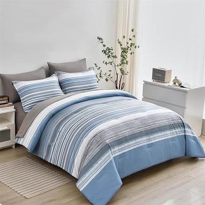 KAKIJUMN 5 Piece Bed in a Bag Stripe Comforter Set Twin Size, White Grey Blue Striped Comforter and Sheet Set, All Season Soft Microfiber Complete Bedding Set(Light Blue,Twin)