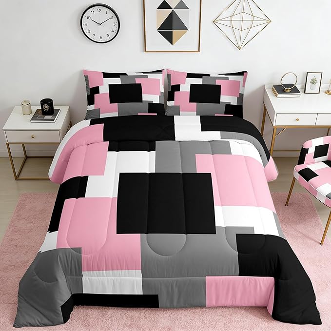 Castle Fairy Modern Abstract Art Boys Kids Comforter Set Full Size,Geometric Grid Square Splicing Duvet Set Room Decor,Pink Grey Black Brushed Microfiber Soft Bedding Comforter