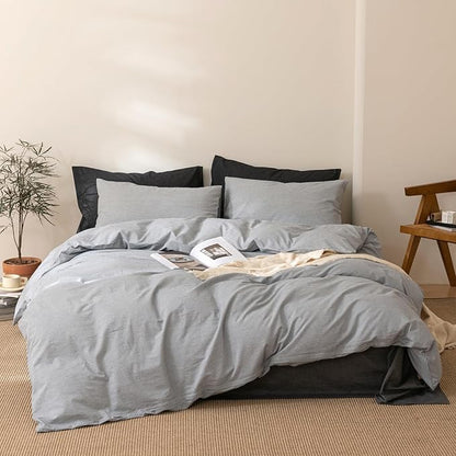 VM VOUGEMARKET Gray Striped Comforter Set Full,3 Pieces Washed Cotton Pinstripes Comforter with 2 Pillowcases for Teen Boys Men Simple Modern Bedding Set (80"x90")