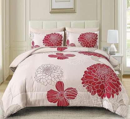 Yiran 7 Pieces King Comforter Set Red Floral Bed in a Bag Soft Microfiber Bedding Set 104"×90"(1 Comforter 1 Flat Sheet 1 Fitted Sheet 2 Pillowshams 2 Pillowcases)