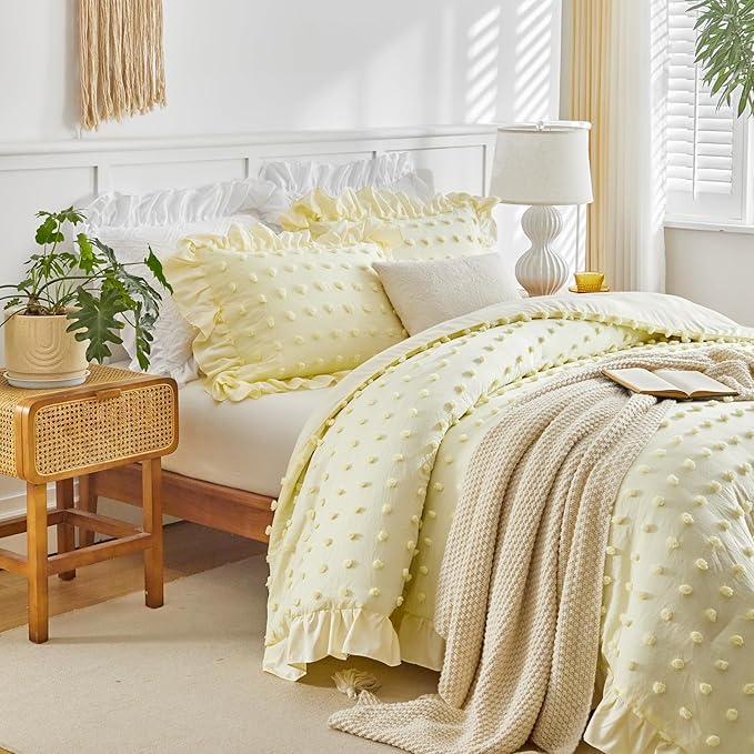 Flysheep Tufted Dots Ruffle Comforter Set Twin Size, 3 Pieces Yellow Vintage Farmhouse Shabby Chic Comforters, Jacquard Boho Bohemian Bedding Set for Kids (1 Ruffled Comforter+ 2 Pillow Shams)