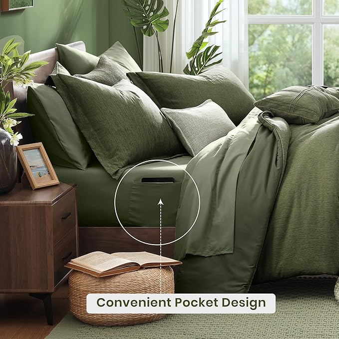 Monbix Twin XL Comforter Set Olive Green, Cationic Dyeing Bedding Set Reversible 5 Pieces, All Season Bed in a Bag with Comforter, Sheets, Pillowcase & Sham