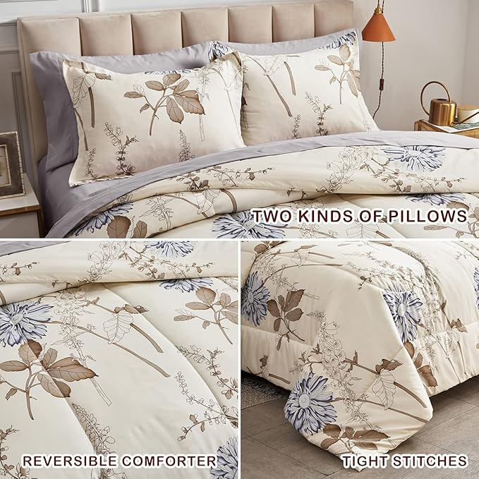Joyreap 7 Piece Bed in a Bag California King, Flower Botanical Smooth Soft Microfiber Floral Comforter Set for All Season (1 Comforter, 2 Pillow Shams, 1 Flat Sheet, 1 Fitted Sheet, 2 Pillowcases)