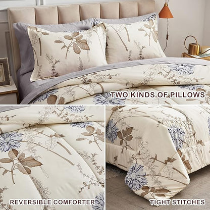 Joyreap 7 Piece Bed in a Bag California King, Flower Botanical Smooth Soft Microfiber Floral Comforter Set for All Season (1 Comforter, 2 Pillow Shams, 1 Flat Sheet, 1 Fitted Sheet, 2 Pillowcases)