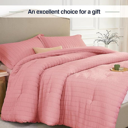 Full Size Comforter Set Peach Pink,3PCS Seersucker Lightweight Bedding Comforter for All Season, Full Size(82''×86'' Comforter & 2 Pillowcases)