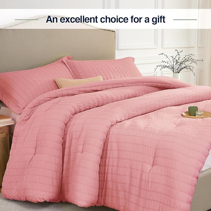 California King Comforter Set Peach Pink,3PCS Seersucker Lightweight Bedding Comforter for All Season, Calking Size(104''×96'' Comforter & 2 Pillowcases)