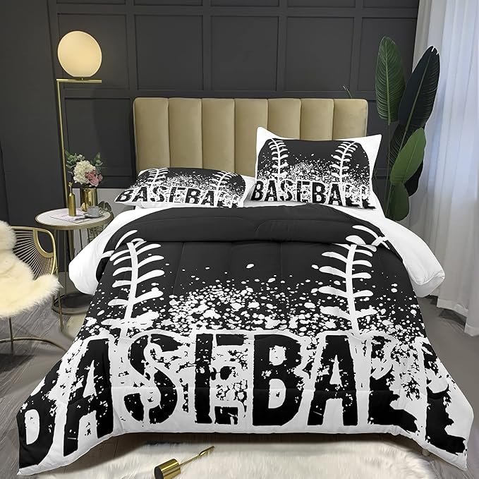 Bodhi Teen Boys Bedding Set Queen Size,Sports Bedding Set for Boys Kids,Boys Baseball Bedding Queen Size,Kids Comforter Set with Pillowcases,Black and White Comforter Set