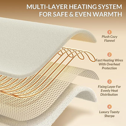 HOMLYNS LuxeHeat Heated Blanket Electric Blanket Full Size, Soft Flannel Sherpa Heating Blanket with 10 Heat Settings, 1-10 hrs Timer Auto Shut Off (72x84 inches, Cream)