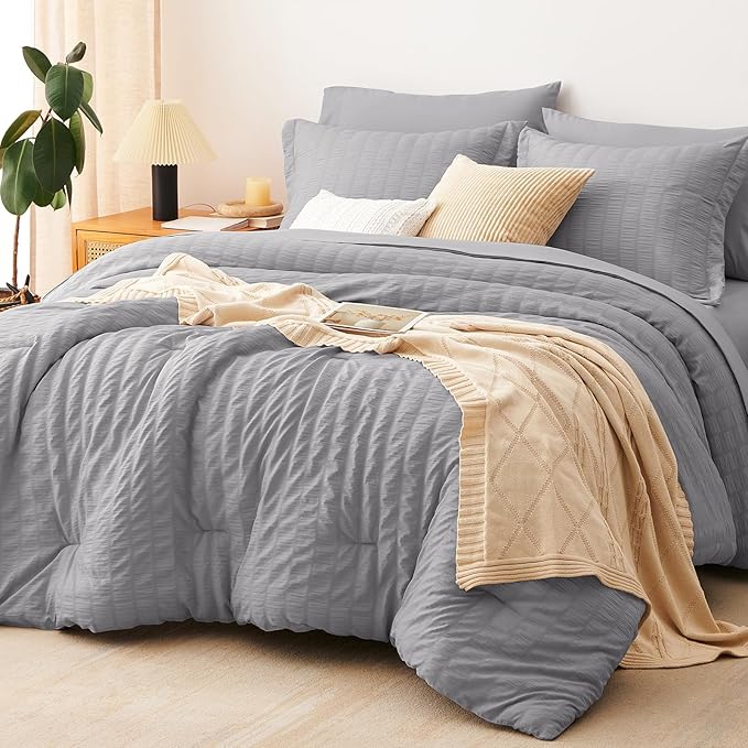 CozyLux King Size Comforter Set Grey Seersucker 7 Pieces Bed in a Bag King Comforter Set with Sheets, Gray Luxury Bedding Set with Down Alternative Comforter, Sheets, Pillowcases & Shams All Seasons