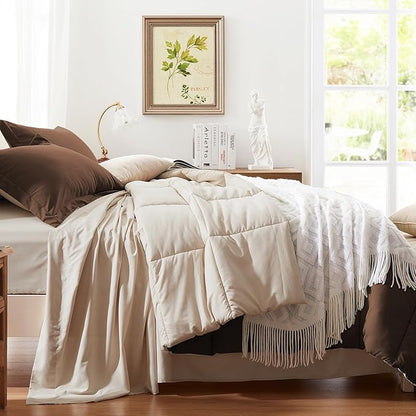 Anluoer King Comforter Set,Brown&Beige Bed in a Bag 7 Piece,Lightweight Bedding Set with Soft Down Alternative Fill,Bed Set Includes Comforter, Fitted Sheet, Flat Sheet,Pillowcases and Shams