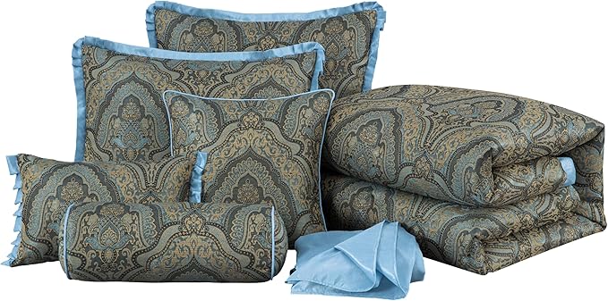 Chezmoi Collection Pierre Comforter Set King Size, 7-Piece Blue Gold Medallion Paisley Jacquard Bedding Set