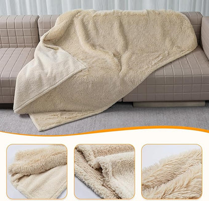 Waterproof Dog Blanket Beige Fluffy Long Faux Fur Pet Throw Blankets 28x20in for Couch Love Bed Cover Washable(Beige,XS)