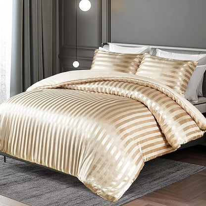 Whale Flotilla 3-Piece Reversible Silky Soft King Size Comforter Set, Luxury Stripe Satin Oversized Comforter Bedding Set with 2 Satin Pillowcases, Lightweight Duvet for All Seasons, Champagne
