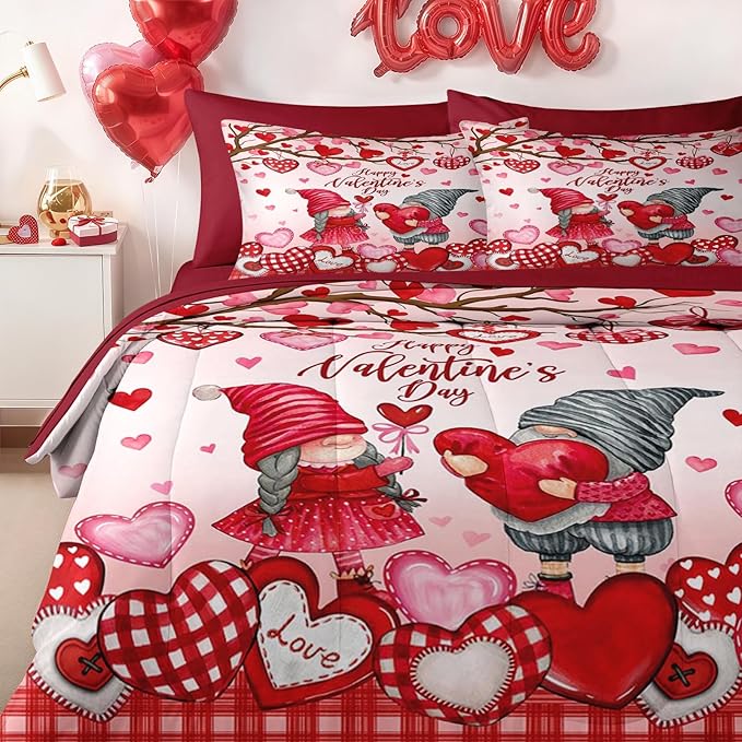 Nesker 7 Pcs Valentine's Day Comforter Set Queen Size, Gnomes Sweet Love Bedding Set for Kids and Adults, Pink Romantic Heart Sheets Bed Sheet Sets with Fitted Sheet 2 Pillowcases & 2 Shams