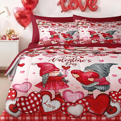 Nesker 7 Pcs Valentine's Day Comforter Set Queen Size, Gnomes Sweet Love Bedding Set for Kids and Adults, Pink Romantic Heart Sheets Bed Sheet Sets with Fitted Sheet 2 Pillowcases & 2 Shams