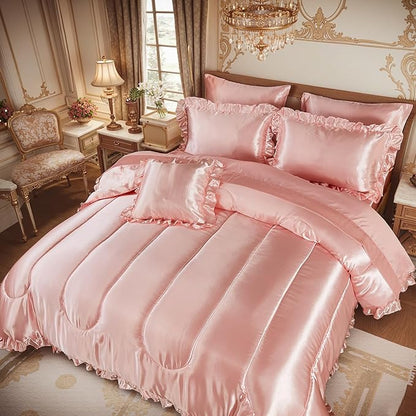 Satin Comforter Set with Sheet Set Queen 8 Pieces Silk Like Pink Bedding Set Silky Ruffle Pattern Luxury Silky Comforter Set with 1 Cushion Cover