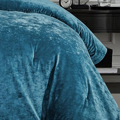 Sunshine Nicole Distressed Velvet Comforter Set, Distressed Velvet Face and Brushed Solid Microfiber Reverse, with Light Weight Soft Poly Fill, 5 Pieces Teal, King