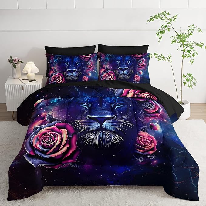 7 Pieces Lion Comforter Set Full，Rose Bedding Set Full,Animal Bedroom Decor (1 Comforter, 1 Flat Sheet, 1 Fitted Sheet, 2 Pillowcase and 2 Pillow Sham)