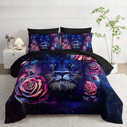 7 Pieces Lion Comforter Set Full，Rose Bedding Set Full,Animal Bedroom Decor (1 Comforter, 1 Flat Sheet, 1 Fitted Sheet, 2 Pillowcase and 2 Pillow Sham)