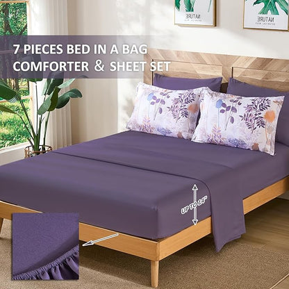 Anibedding 7Pieces King Size Comforter Set, Purple Botanical Bed in a Bag Complete Set with Sheet Pillowcase for Bedroom All Season