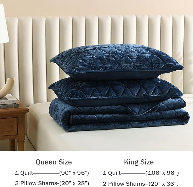 Homzard Velvet King Size Comforter Set, Luxurious King Quilt, Navy Blue Bedding Set, Soft Plush Bedspread Set, Warm Lightweight Bedding for All Season